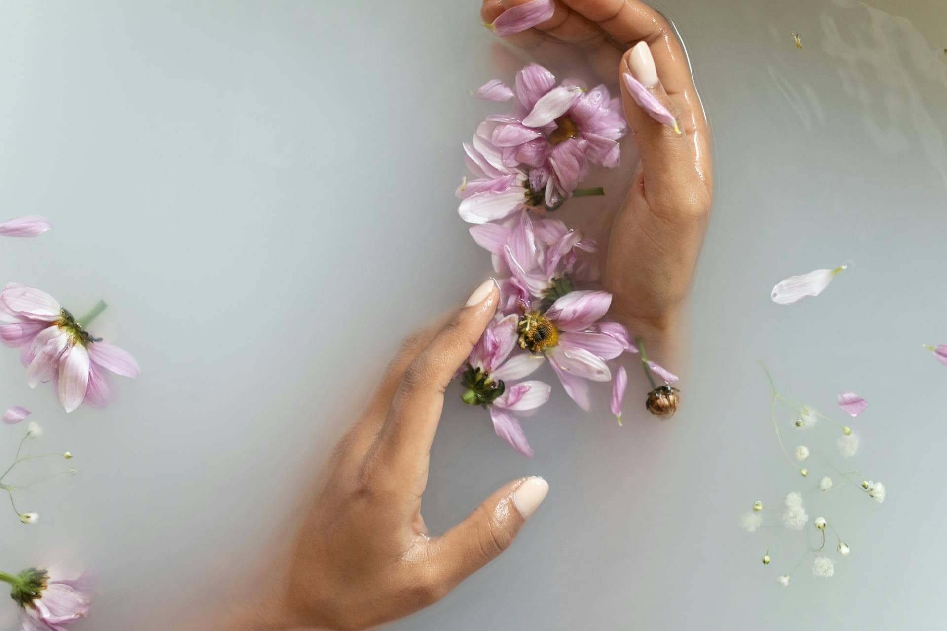 mains et fleurs violettes dans de l'eau